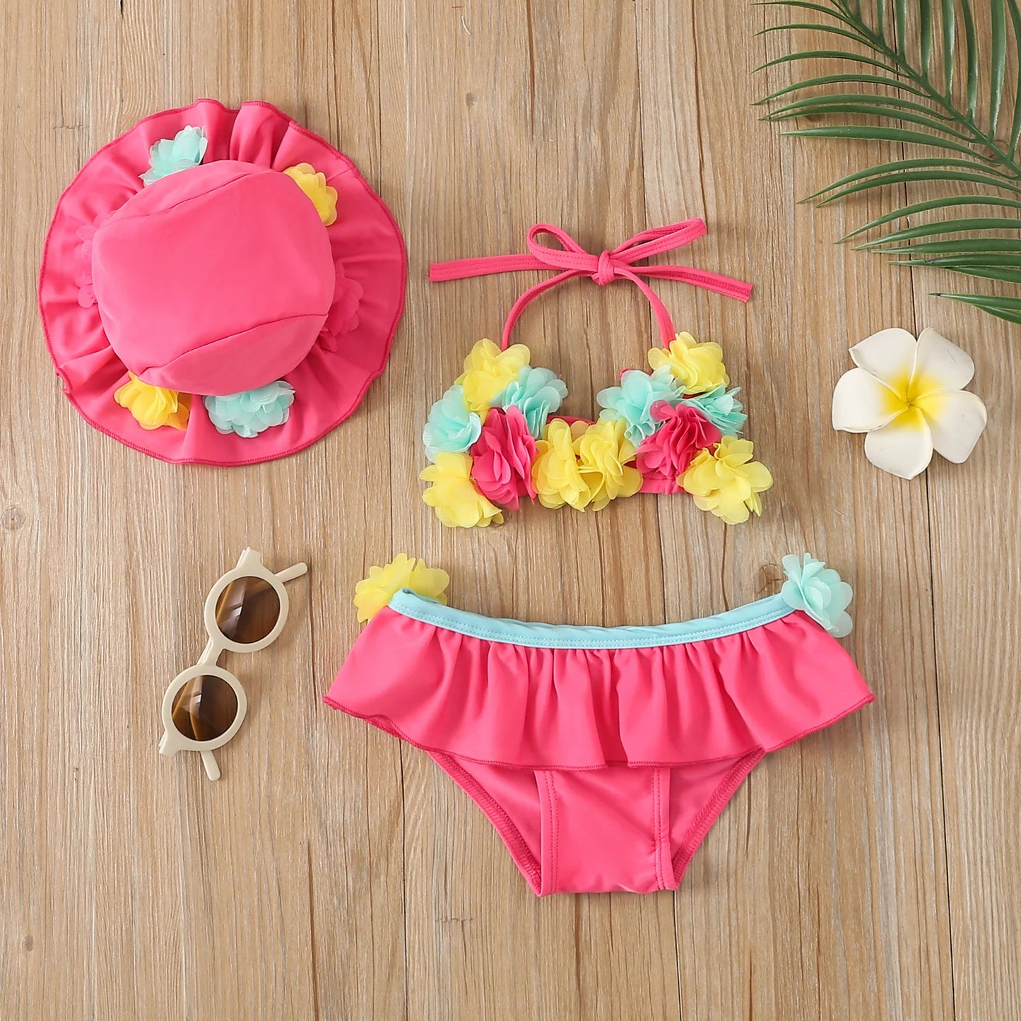Infant Baby Girls Three-piece Bathing Suit, Flower Halter Neck Swimming Tops, Bottoms and Sun Protection Cap