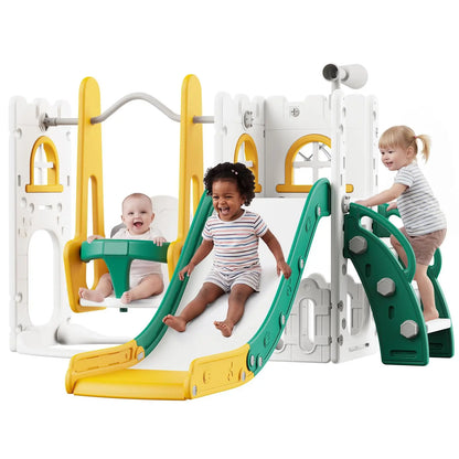 7 in 1 Toddler Slide And Swing Set Indoor Outdoor Kids Playground Climber Basketball Hoop Telescope Castle Playhouse For Ages 1+