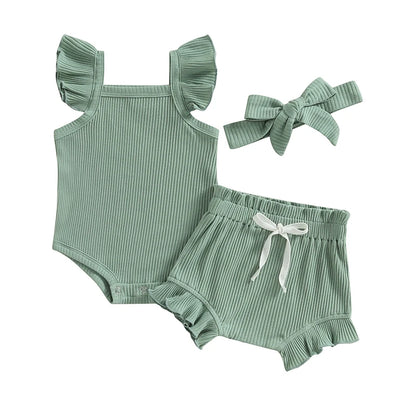 2023-04-12 Lioraitiin 0-18M Toddler Girls 3Pcs Summer Clothes Fly Sleeve Solid Romper Tops Drawstring Short Pants Headband
