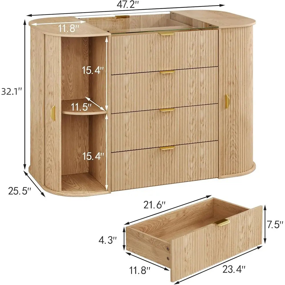 8-Drawer Island Wardrobe with Large Storage, Glass-Top Bedroom Armoire, Natural Freestanding Closet