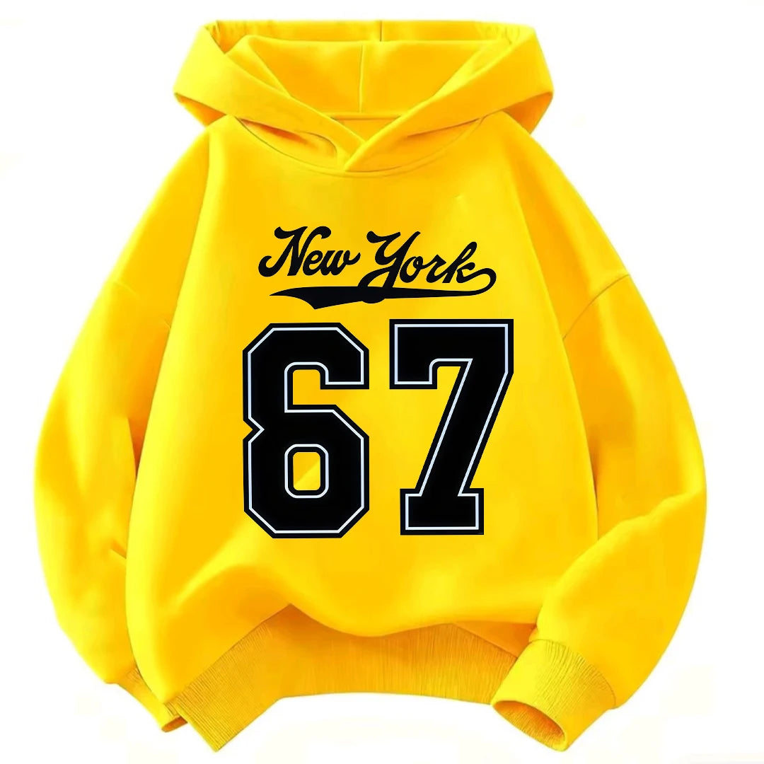Children Hooded Sweatshirt New York Cursive & 67 Outline Number Print Loose Fit Kids Hoodie for 2-12 Years Boys Girls Tops