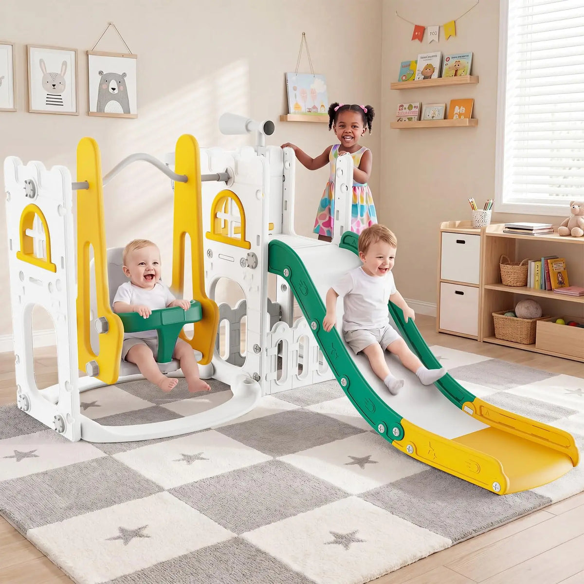 7 in 1 Toddler Slide And Swing Set Indoor Outdoor Kids Playground Climber Basketball Hoop Telescope Castle Playhouse For Ages 1+