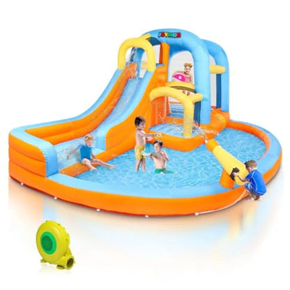 5-in-1 Iatable Water Slide Park, Water Bounce House w/Air Blower, Climbing Wall, Double Jump Area, Splash Pool, Water Cannon, W