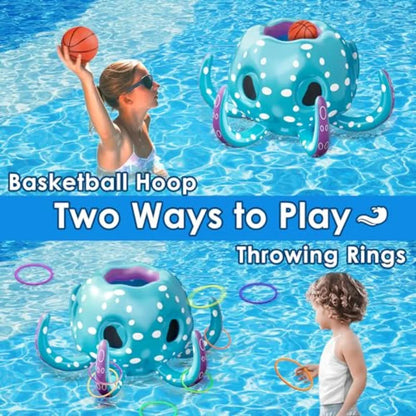 Octopus Pool Toys, 2-in-1 Inflatable Float Pool Game, Basketball Hoop and Ring Toss Game, Outdoor Summer Beach Water Play, Cool