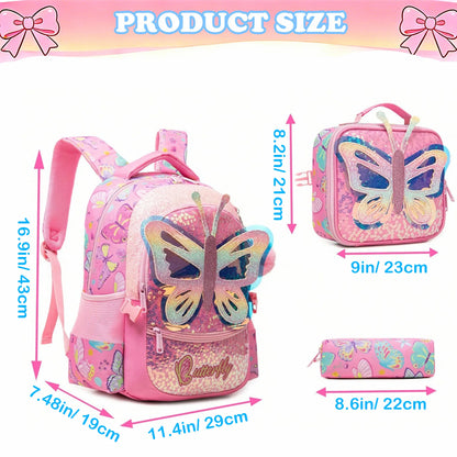 3PCS Kids Backpack for Girls Lightweight Bookbag with Lunch Box Pencil Case Large Capacity School Bag for Elementary Students Back to School Gift