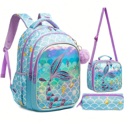 3PCS Backpacks for Girls Mermaid School Bags for Elementary Students Kids Large Capacity Backpack Set with Lunch Bag for School