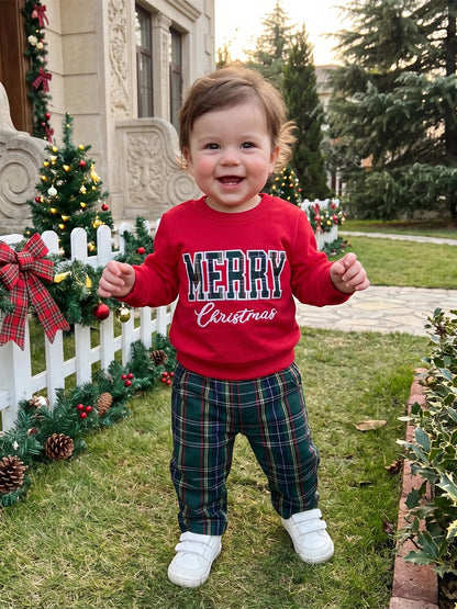With Boy-Christmas-Outfit Boy-Christmas Plaid Pants Baby Christmas Sleeve-Sweatshirt Outfit Long Toddler Baby Boy