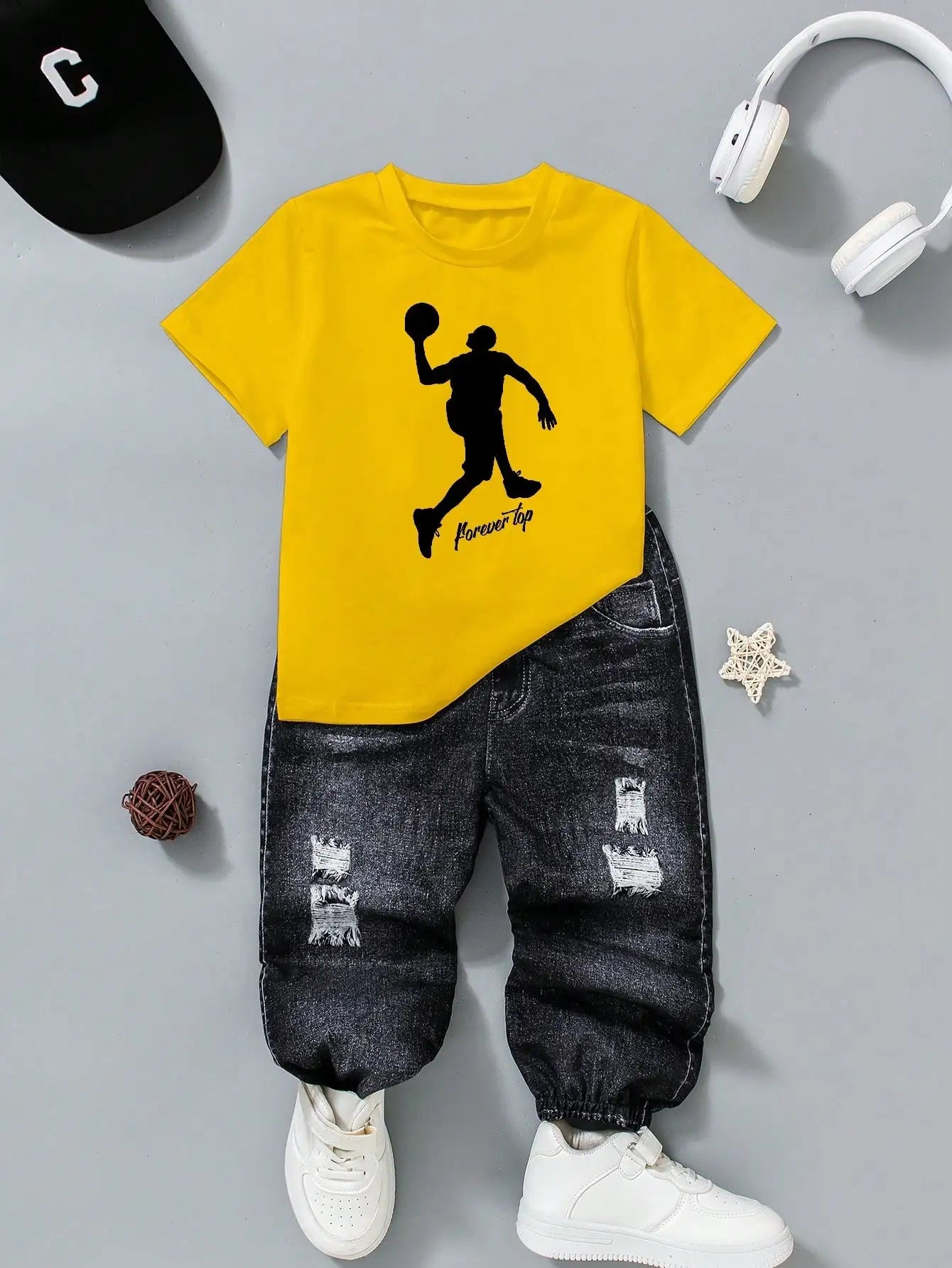 (143) Boys' Casual Street Fashion Printed Knit Pants Set, Suitable for Street Photography and Everyday Wear for Boys Aged 4-7