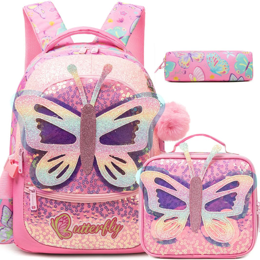 3PCS Kids Backpack for Girls Lightweight Bookbag with Lunch Box Pencil Case Large Capacity School Bag for Elementary Students Back to School Gift