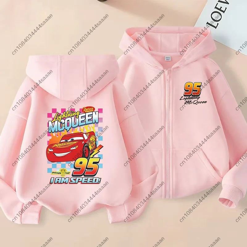 Lightning Mcqueen Sally Sports Zipper Hoodies Boys Girls Anime Cartoon Cute Hooded Sweatshirt Children Autumn Fashion Clothes