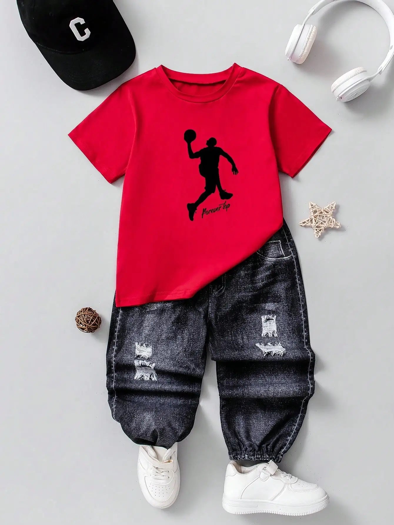 (143) Boys' Casual Street Fashion Printed Knit Pants Set, Suitable for Street Photography and Everyday Wear for Boys Aged 4-7