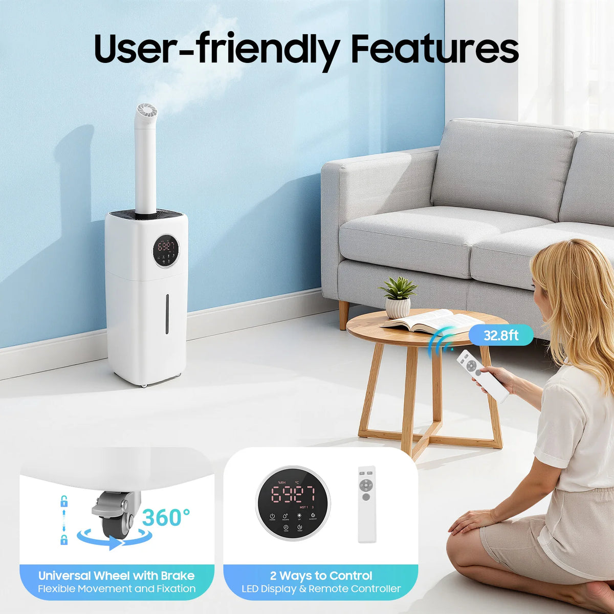Commercial Humidifier – 5.5Gal Tank – 2000Ml/H Mist Output – 316 Stainless Steel Atomizer – 4-Way Nozzle – Sleep Mode – 0-12H Timer – Remote Control – 4 Wheels with Brakes – for Villa Factory – White