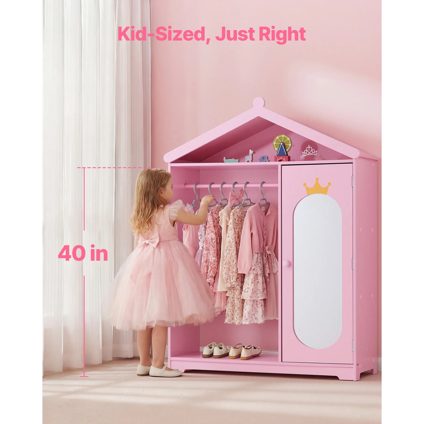 SucceBuy Kids Dress-Up Wardrobe with Mirror, Costume Organizer and Storage Closet for Girls