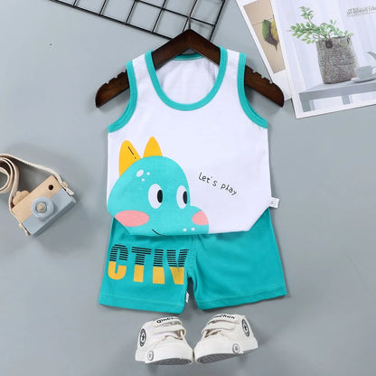 Kids Boys & Girls Summer 2-Piece Cotton Sleeveless T-Shirt & Shorts Outfit Set
