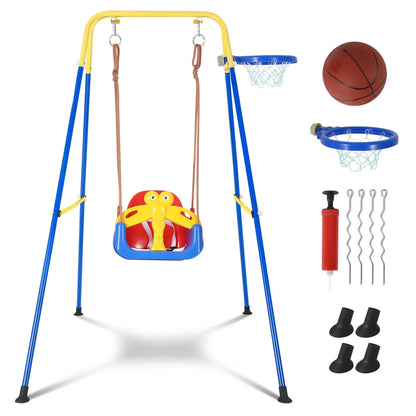 4 In 1 Toddler Swing Set With Basketball Hoop, Foldable Baby Swing With Safety Belt For Indoor Outdoor Backyard Kids Play Fun