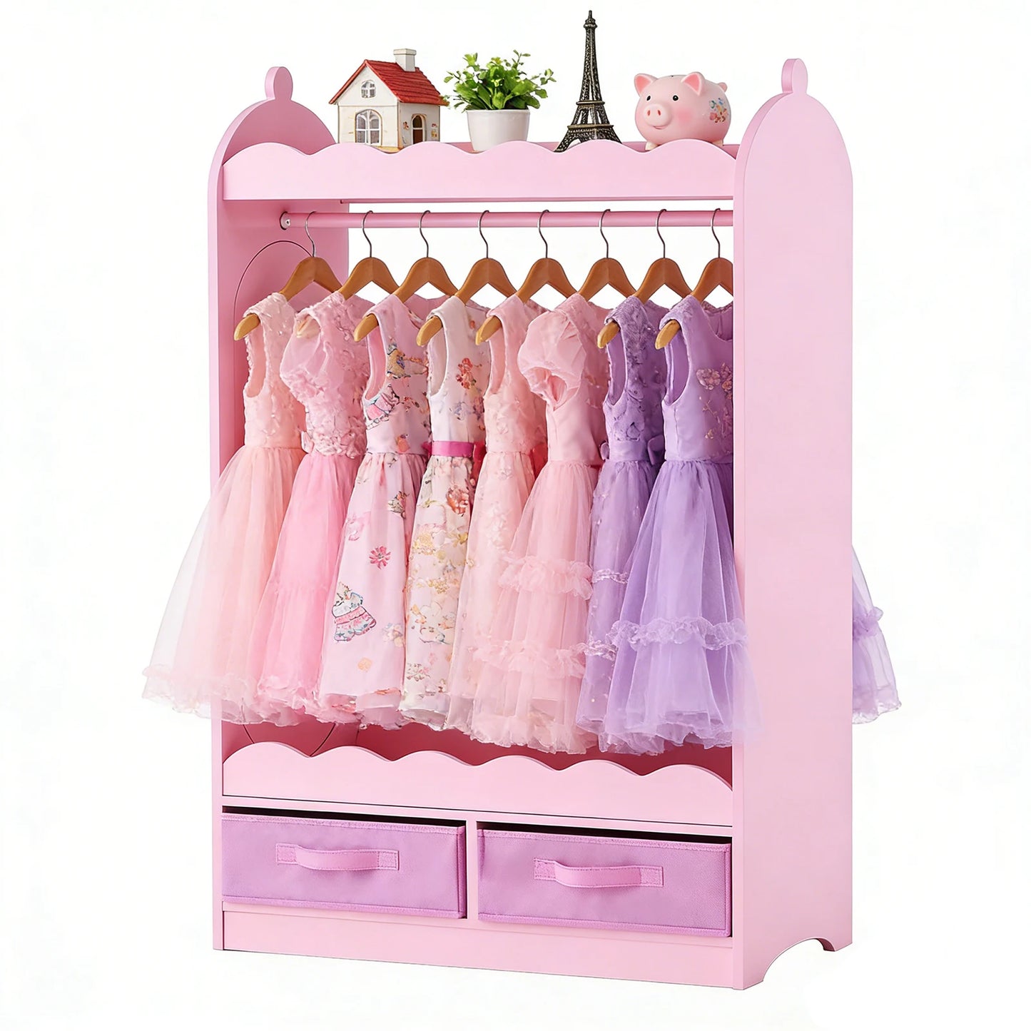 SucceBuy Kids Dress Up Storage with Mirror & Drawer Toddler Costume Wardrobe Closet Pretend Storage Dresser for Girls Room Pink