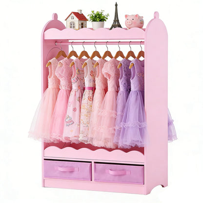 SucceBuy Kids Dress Up Storage with Mirror & Drawer Toddler Costume Wardrobe Closet Pretend Storage Dresser for Girls Room Pink