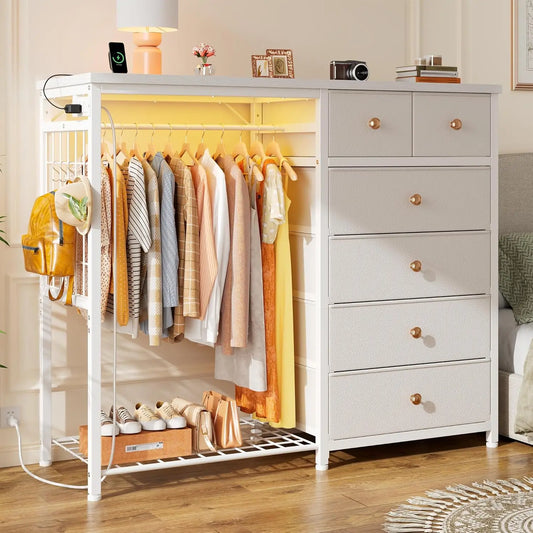 49.2" W White Dresser for Bedroom with Hanging Rack, 6 Drawers Dresser with LED Lights & Charging Station, Fabric, Customized