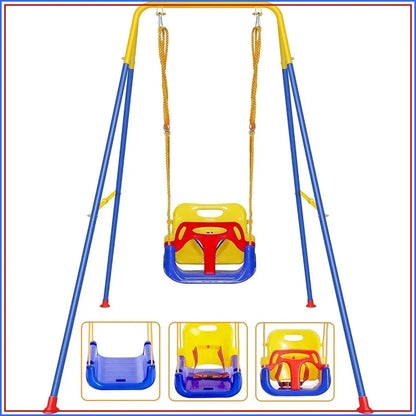 3-in-1 Toddler Swing with Frame, Outdoor Indoor, Foldable Metal Stand, Easy Assembly, Safety Belt