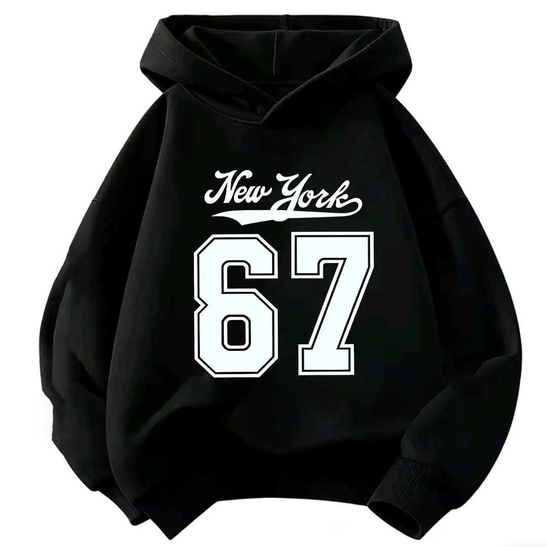 Children Hooded Sweatshirt New York Cursive & 67 Outline Number Print Loose Fit Kids Hoodie for 2-12 Years Boys Girls Tops