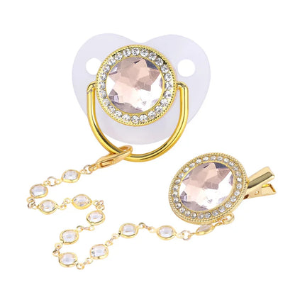 Luxury Zircon Baby Pacifier with Crystal Bead Chain Clip, Cover and Silicone Soother for Newborns