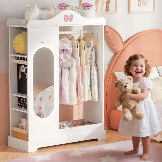 Children's Wardrobe with Drawers, Storage Shelves, and Full-Length Mirror for Girls' Rooms