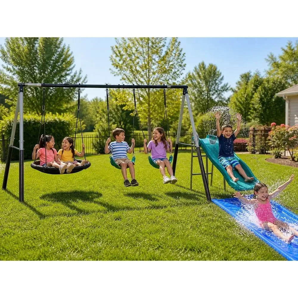 6-Foot Water Slide with Tarp, Disc Swing, 2 Sling Swings, 3-Seat Merry-Go-Round, Heavy-Duty Ropes, Weather-Resistant Steel