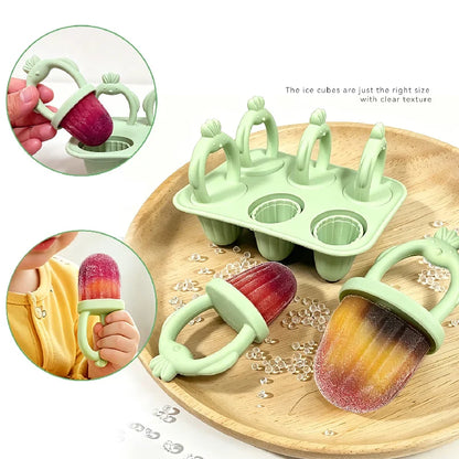 6-compartment silicone popsicle mold for babies, easy to grip, with anti-choking design, suitable for baby food preparation.