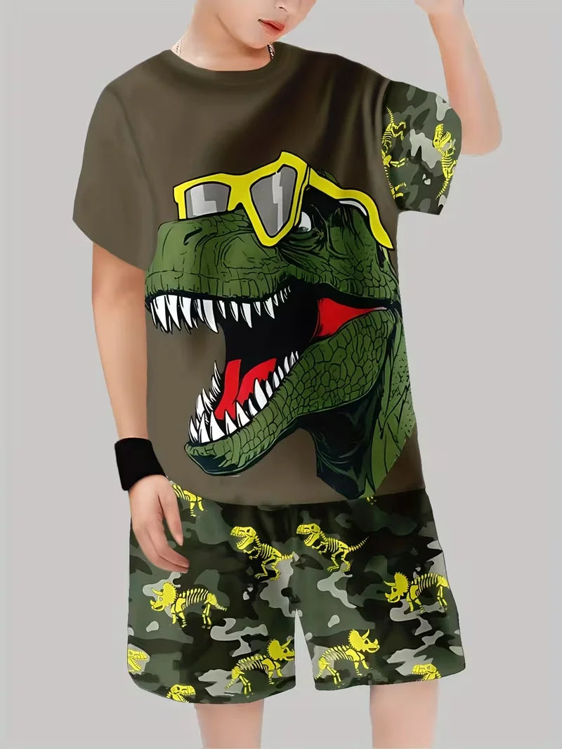 Boys 2Pcs Summer Outfit Graffiti Dinosaur Print Short Sleeve T-Shirt + Shorts Set  Casual Sportswear Kids Streetwear Tracksuit
