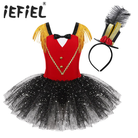 Girls Halloween Circus Ringmaster Costume Dancewear Sequins Mesh Tutu Gymnastics Leotard Dance Dress for Carnival Dress Up