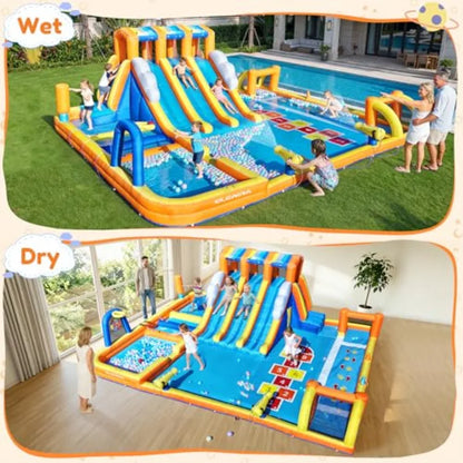 20FT 12-in-1 Inflatable Water Slide Bounce House with 950W Air Blower, 3 Long Slides & Climbing Wall
