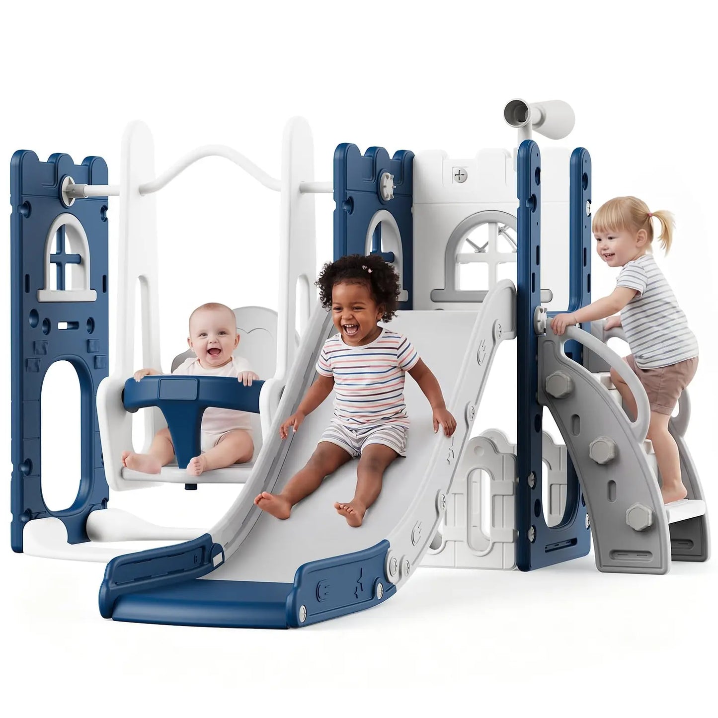 7 in 1 Toddler Slide And Swing Set Indoor Outdoor Kids Playground Climber Basketball Hoop Telescope Castle Playhouse For Ages 1+
