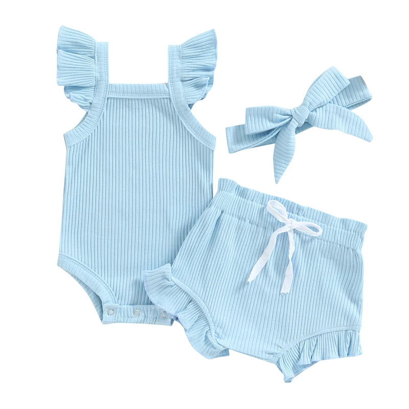 2023-04-12 Lioraitiin 0-18M Toddler Girls 3Pcs Summer Clothes Fly Sleeve Solid Romper Tops Drawstring Short Pants Headband
