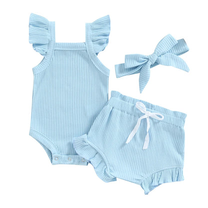 2023-04-12 Lioraitiin 0-18M Toddler Girls 3Pcs Summer Clothes Fly Sleeve Solid Romper Tops Drawstring Short Pants Headband