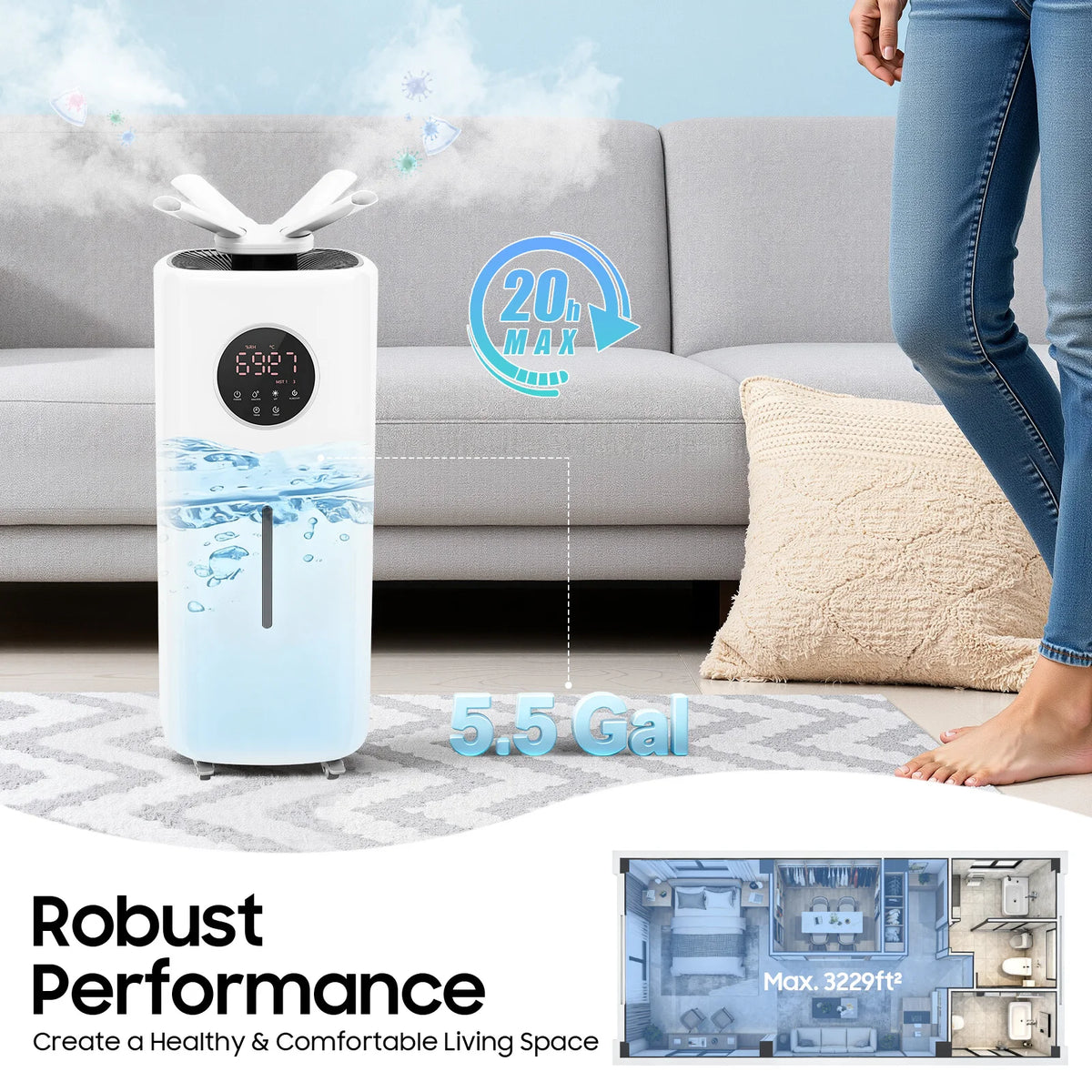 Commercial Humidifier – 5.5Gal Tank – 2000Ml/H Mist Output – 316 Stainless Steel Atomizer – 4-Way Nozzle – Sleep Mode – 0-12H Timer – Remote Control – 4 Wheels with Brakes – for Villa Factory – White