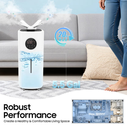 Commercial Humidifier – 5.5Gal Tank – 2000Ml/H Mist Output – 316 Stainless Steel Atomizer – 4-Way Nozzle – Sleep Mode – 0-12H Timer – Remote Control – 4 Wheels with Brakes – for Villa Factory – White