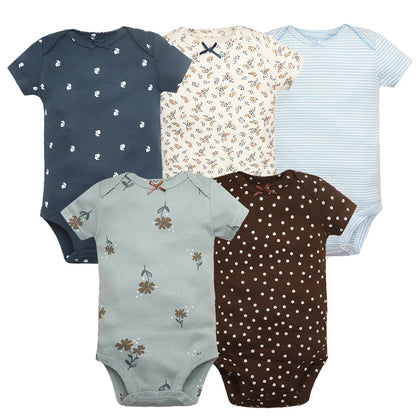 5-Piece Unisex Baby Bodysuit Set, Short Sleeve Cartoon Jumpsuits for Newborn Infants
