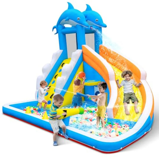 Iatable Water Slide, 5 in 1 Dolphin Iatable Bounce House for - Climbing Wall Splash Pool Water Cannon Basketball Rim - 480W Blo