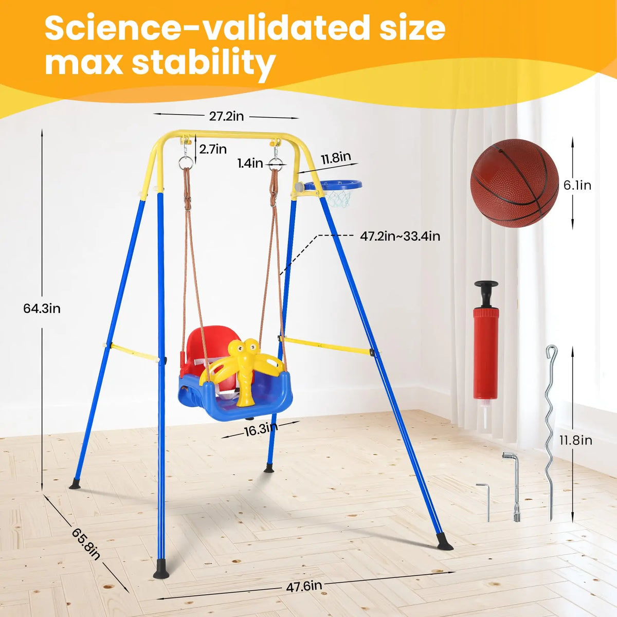4 In 1 Toddler Swing Set With Basketball Hoop, Foldable Baby Swing With Safety Belt For Indoor Outdoor Backyard Kids Play Fun
