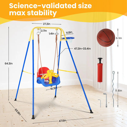 4 In 1 Toddler Swing Set With Basketball Hoop, Foldable Baby Swing With Safety Belt For Indoor Outdoor Backyard Kids Play Fun