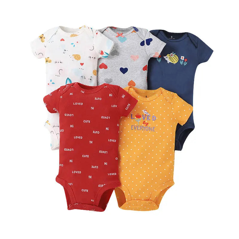5-Piece Unisex Baby Bodysuit Set, Short Sleeve Cartoon Jumpsuits for Newborn Infants