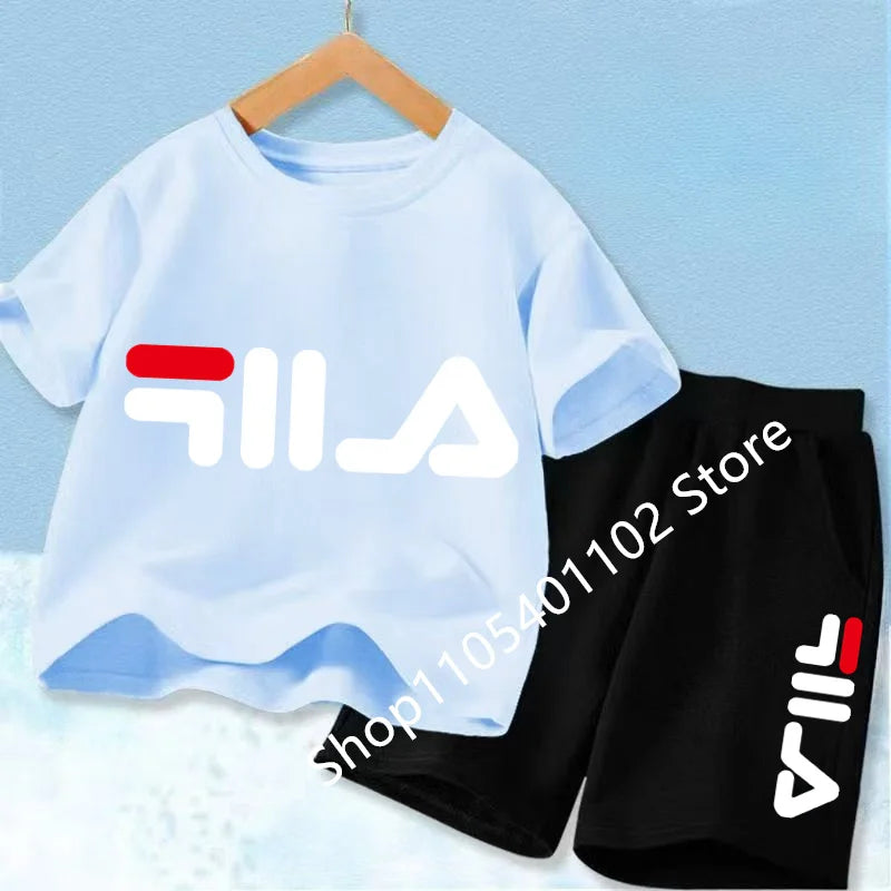 Summer Short Sleeve T Shirt +shorts 2 Piece Set Children Clothes Luxury Print Sport Casual Fashion Boy Girl Kid Tracksuit