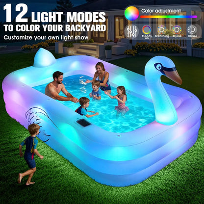 Solar Swan Inflatable Pool with Lights, 100x63x20in, Thickened Family Pool for Adults & Kids