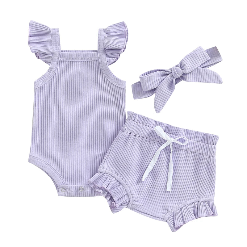 2023-04-12 Lioraitiin 0-18M Toddler Girls 3Pcs Summer Clothes Fly Sleeve Solid Romper Tops Drawstring Short Pants Headband