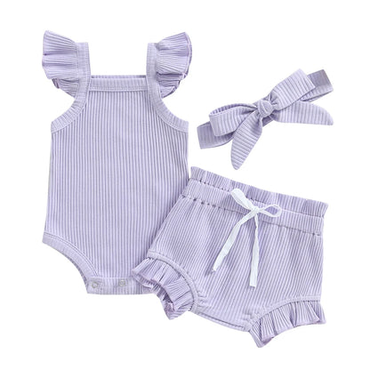 2023-04-12 Lioraitiin 0-18M Toddler Girls 3Pcs Summer Clothes Fly Sleeve Solid Romper Tops Drawstring Short Pants Headband