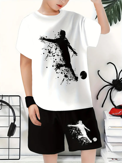 Boys Summer Casual Two-piece Football Sports Silhouette Design T-shirt Comfortable Breathable Fabric for Children's Daily Wear