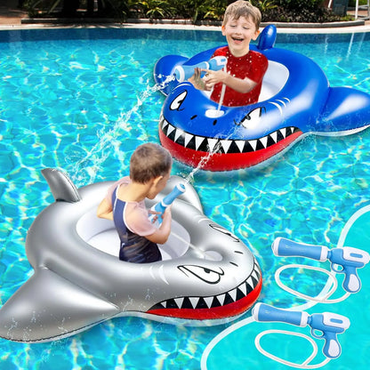 Altrek Store 2-Pack Inflatable Shark Pool Floats for Kids Ages 3–11, Ride-On Floaties with Safety Seats, 2 Water Squirt Guns, Summer Swimming Pool Toy for Boys & Girls