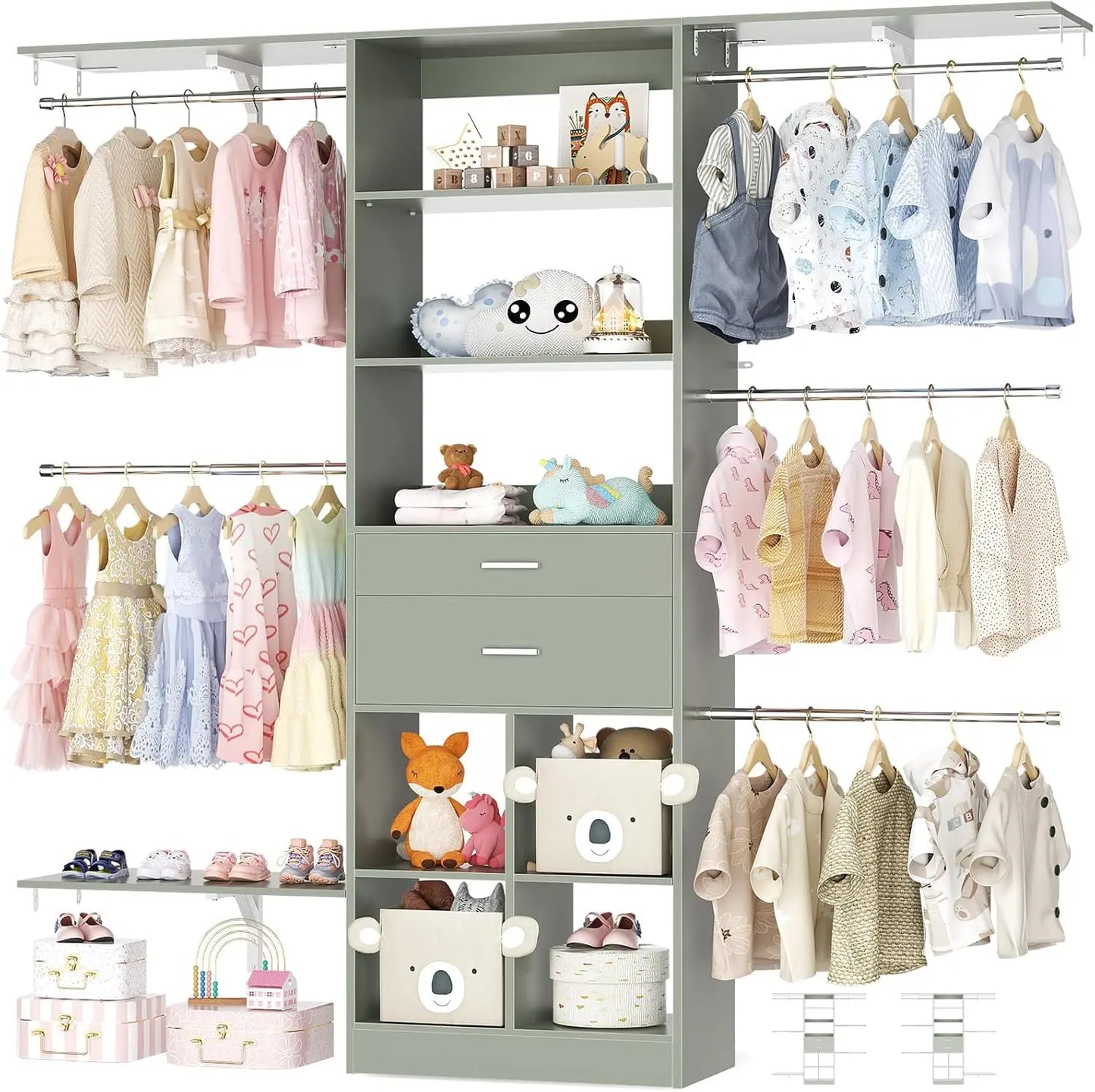 5FT Small Closet System, Baby Closet Organizer System with Wooden Drawers, 60 Inches Walk in Closet System with 5 Hanging Rods a