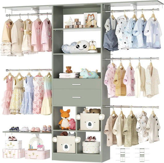 5FT Small Closet System, Baby Closet Organizer System with Wooden Drawers, 60 Inches Walk in Closet System with 5 Hanging Rods a