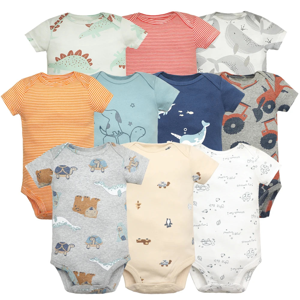 5-Piece Unisex Baby Bodysuit Set, Short Sleeve Cartoon Jumpsuits for Newborn Infants